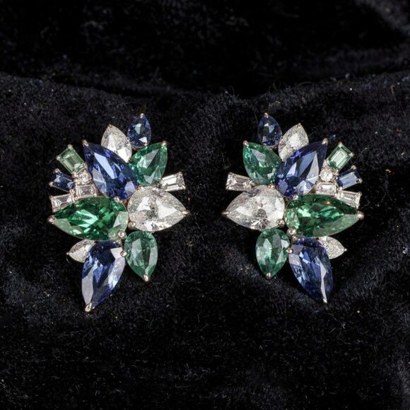 AdornA Jewelry - Multicolor Sapphire & Diamond 14k (18k Custom) White Gold Floral Stud Earrings